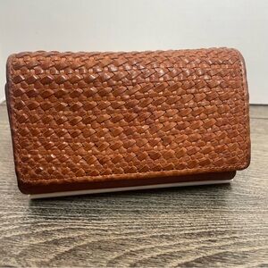 Tan Woven Leather Wallet with Artisanal Texture. Preowned. Spot on bottom.